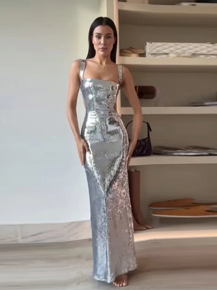 Backless Silvery Maxi Dres